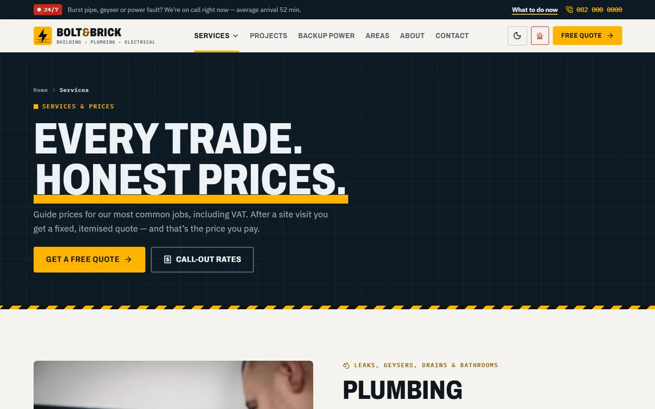 Bolt & Brick website, Services page