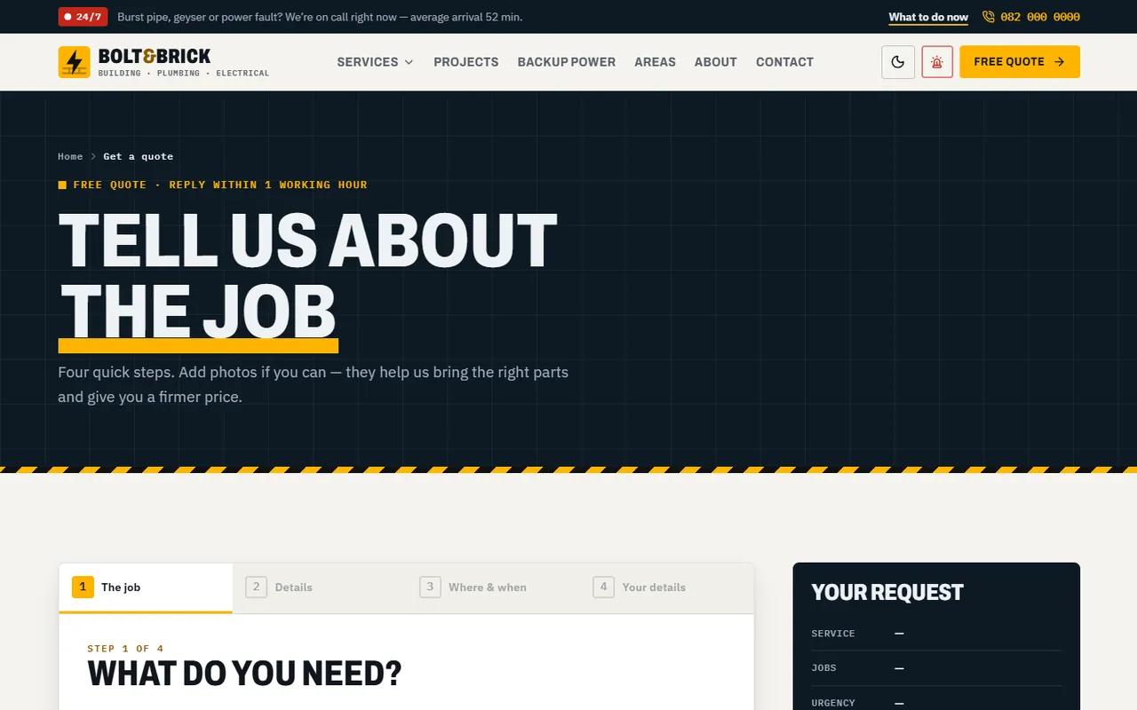 Bolt & Brick website, Quote page