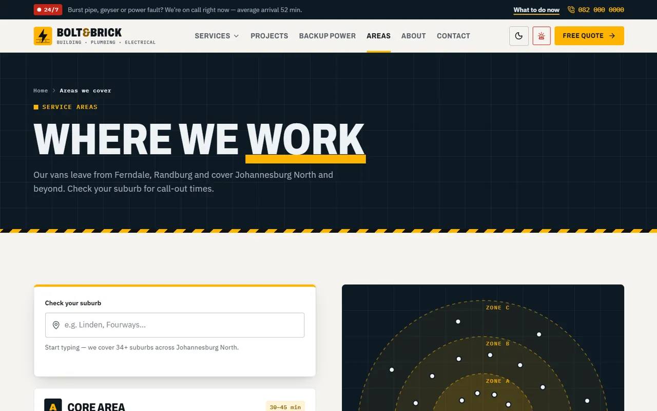 Bolt & Brick website, Areas page