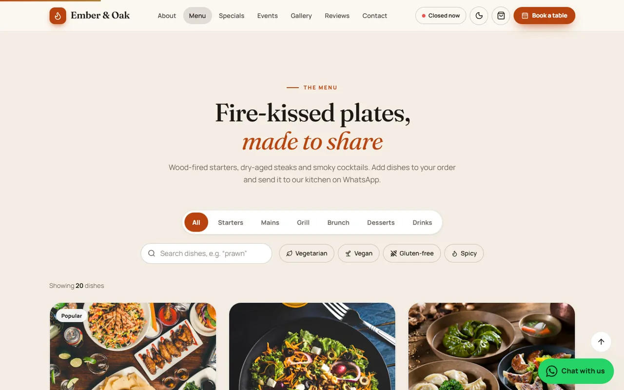 Ember & Oak website, Menu page