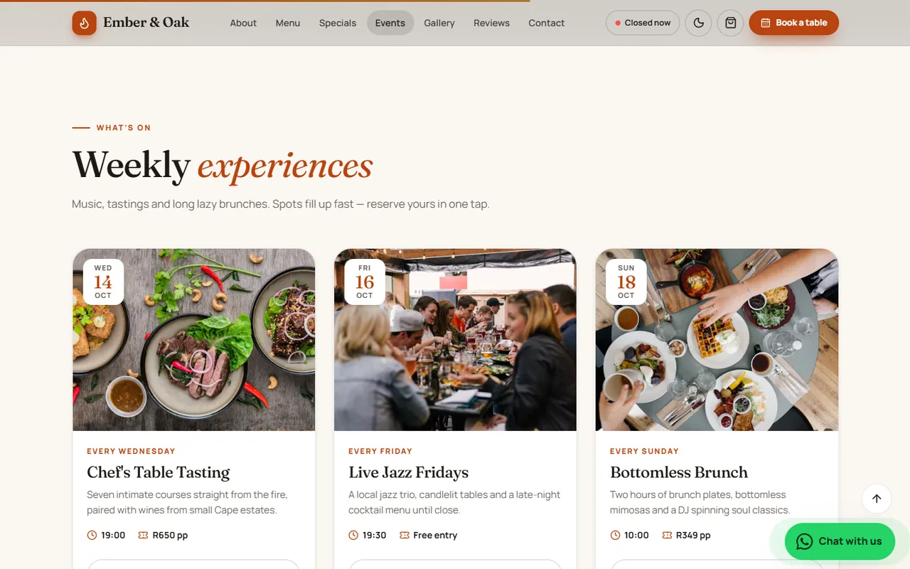 Ember & Oak website, Events page