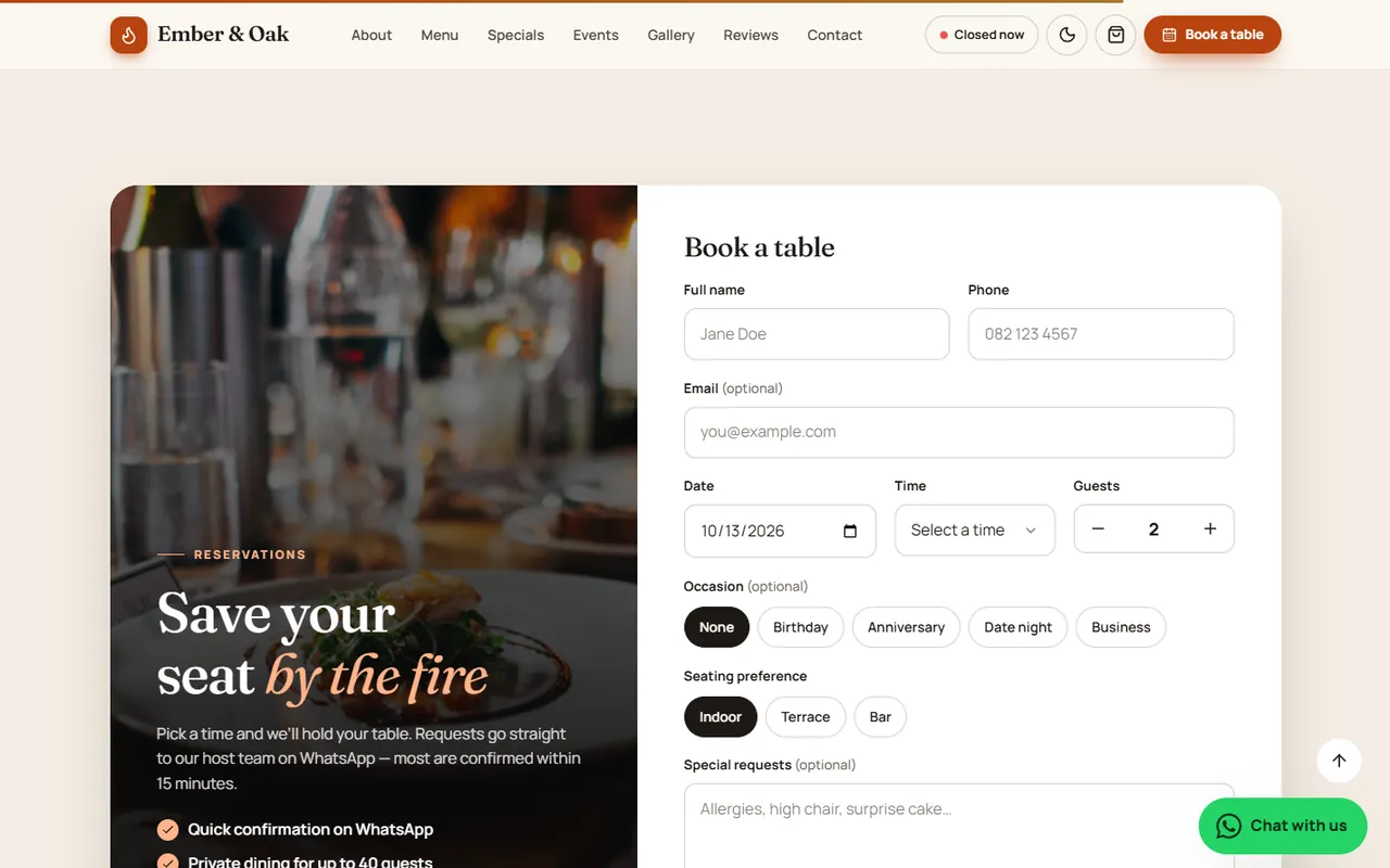 Ember & Oak website, Reservations page
