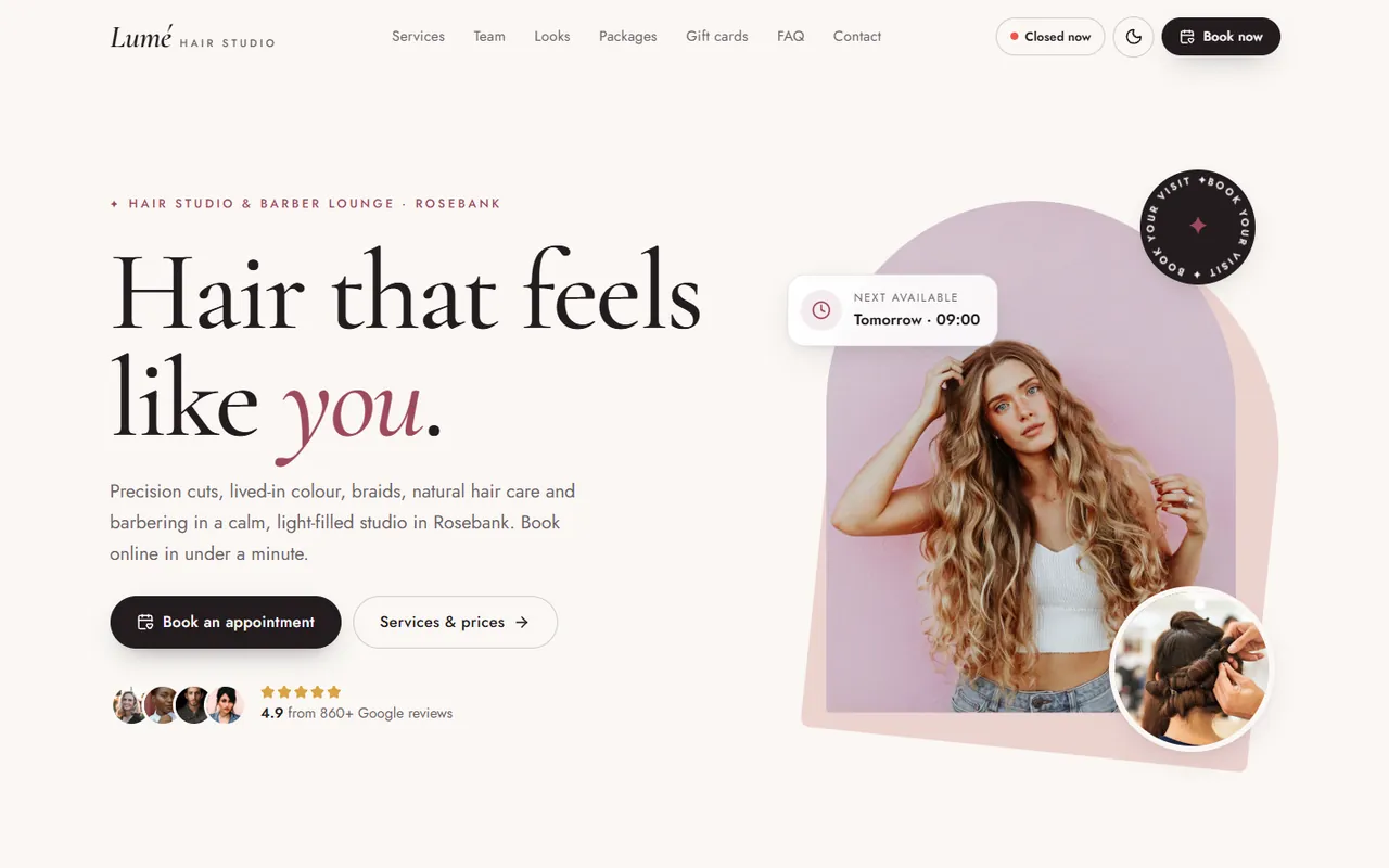 Lum&eacute; Hair Studio website, Home page