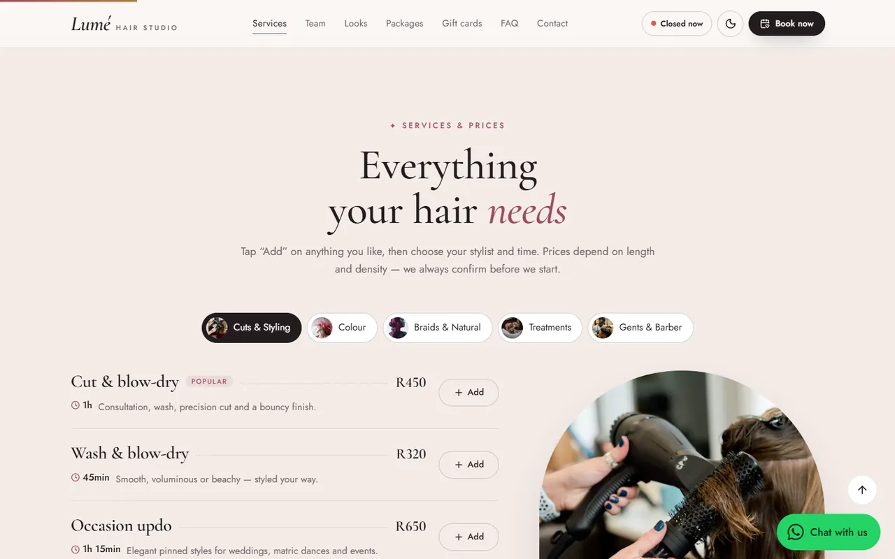 Lum&eacute; Hair Studio website, Services page