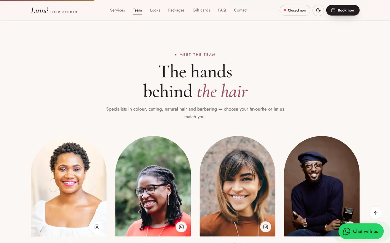 Lum&eacute; Hair Studio website, Team page
