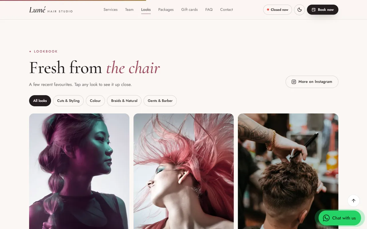 Lum&eacute; Hair Studio website, Looks page