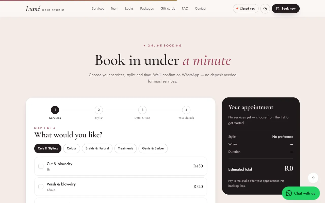 Lum&eacute; Hair Studio website, Booking page