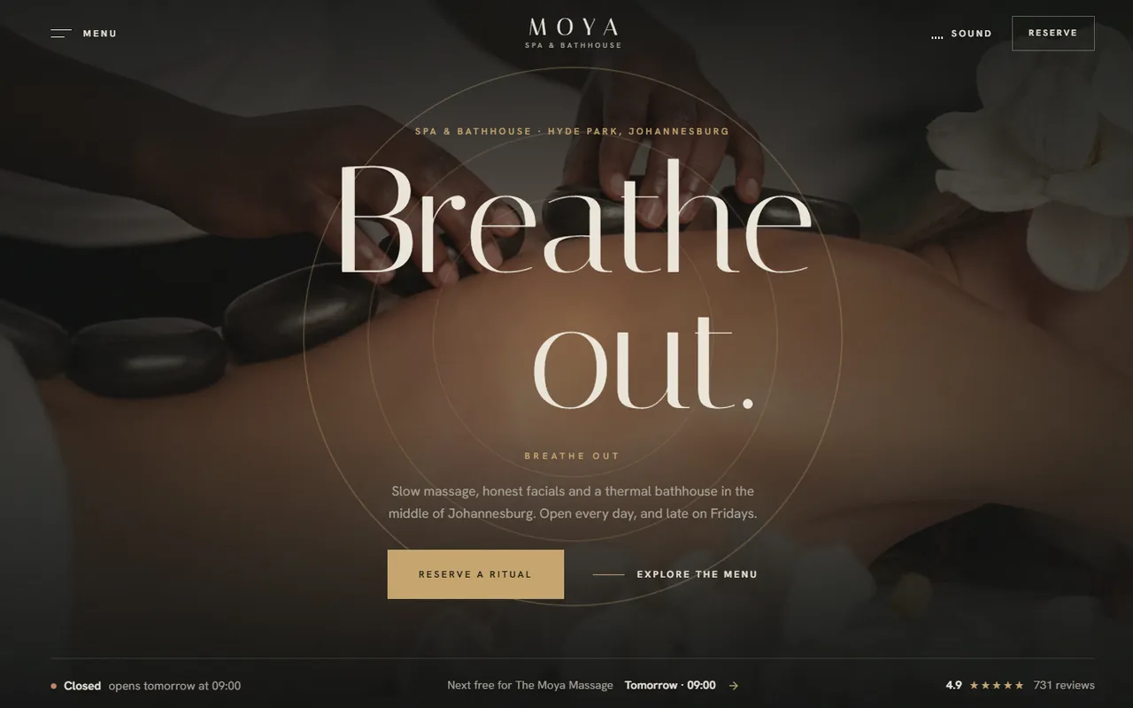 Moya Spa & Bathhouse website, Home page