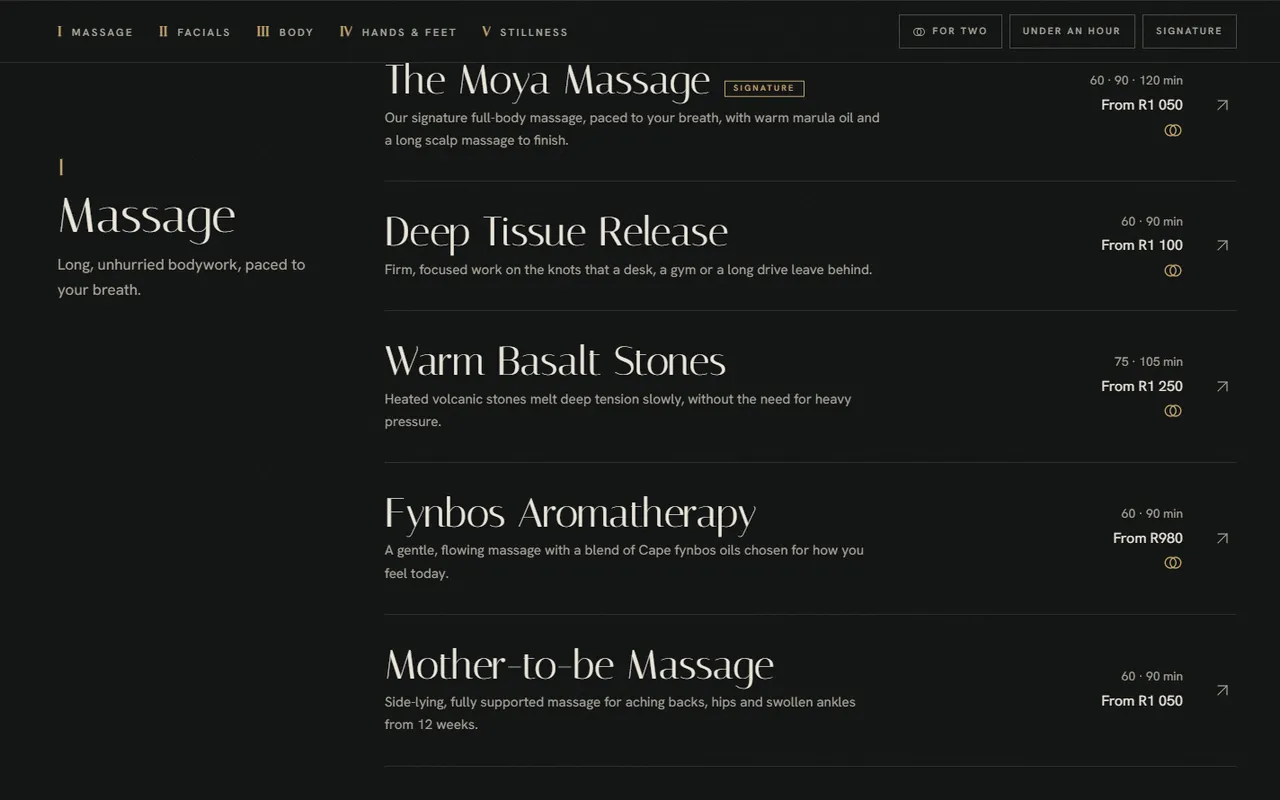 Moya Spa & Bathhouse website, Rituals page