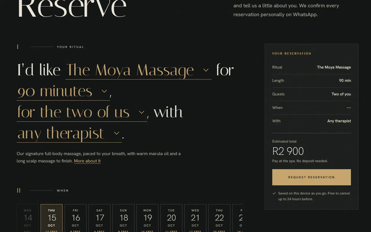 Moya Spa & Bathhouse website, Reserve page