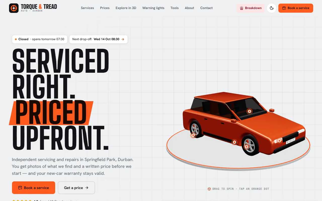 Torque & Tread Auto website, Home page