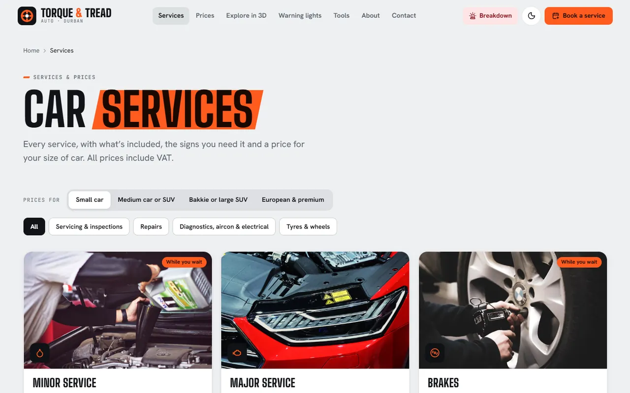 Torque & Tread Auto website, Services page