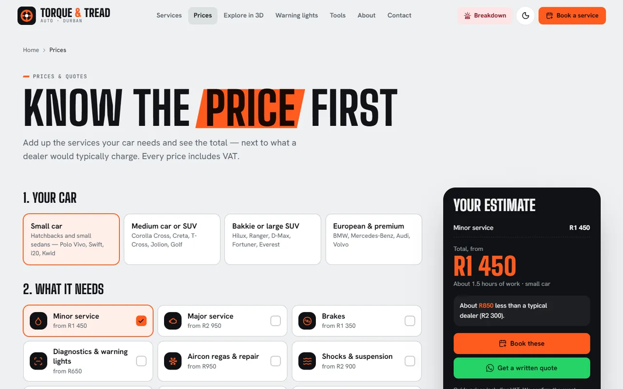 Torque & Tread Auto website, Prices page