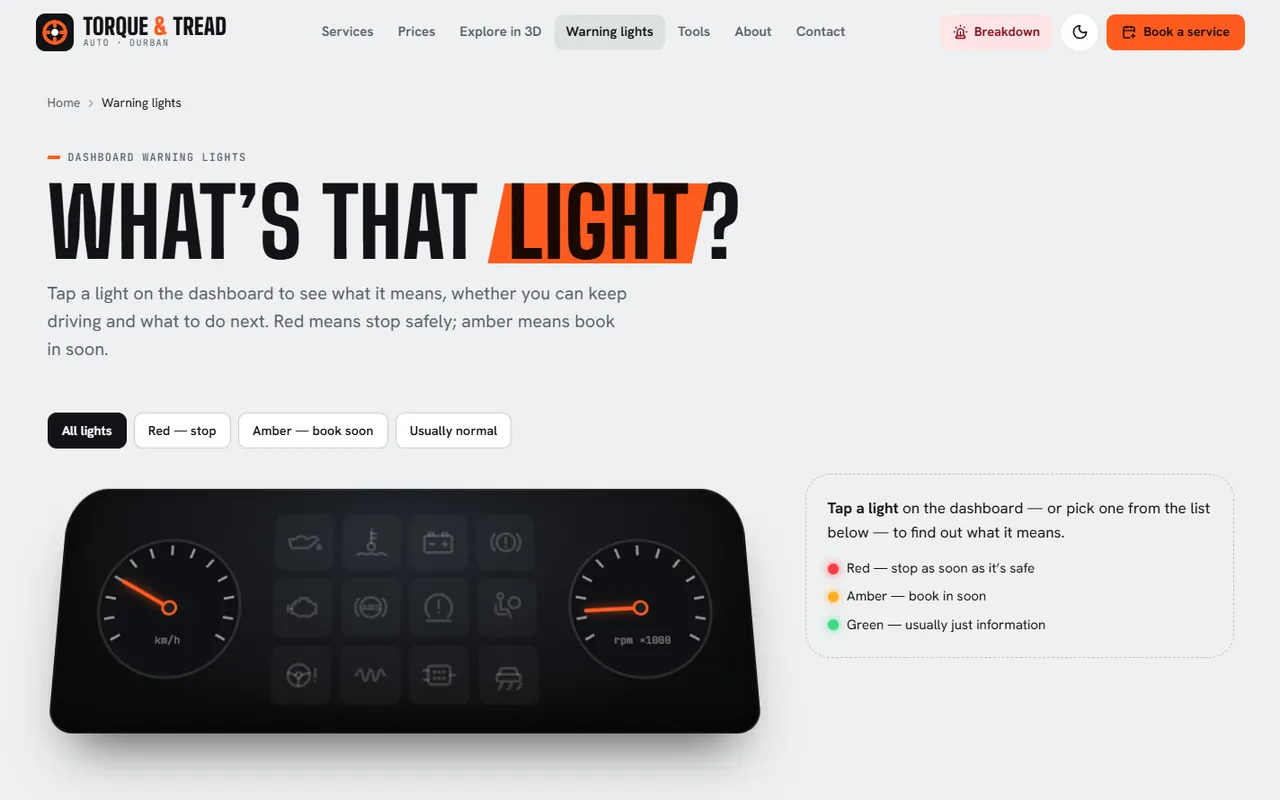 Torque & Tread Auto website, Warning lights page