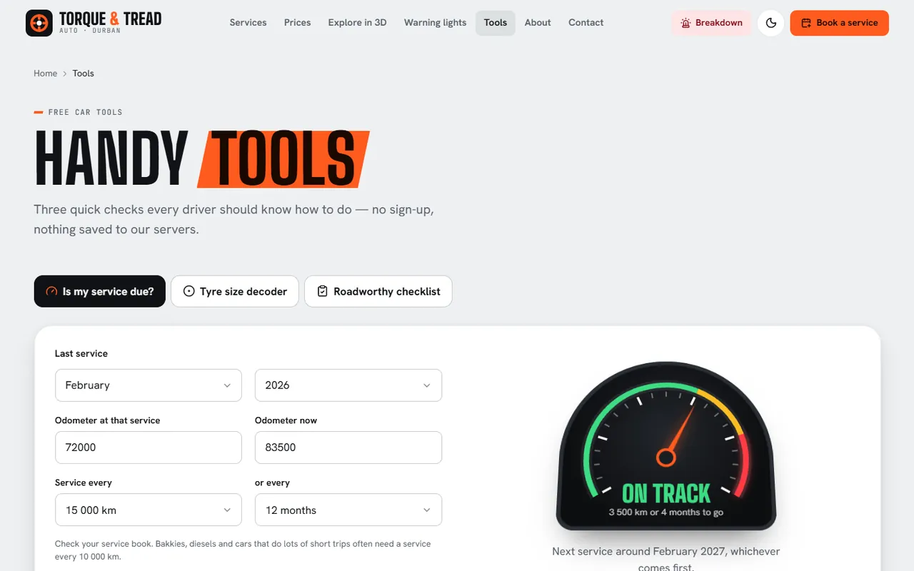 Torque & Tread Auto website, Tools page