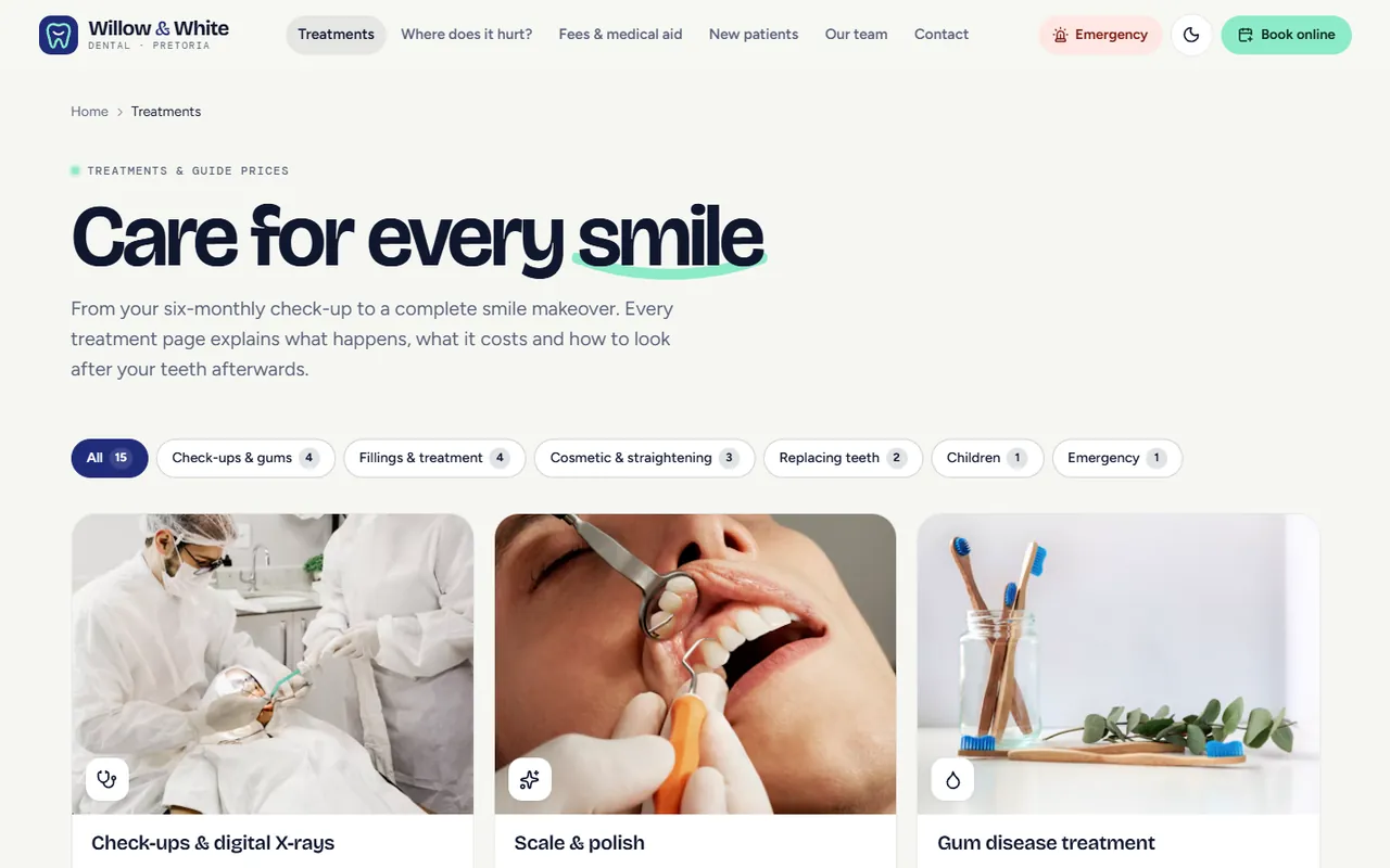 Willow & White Dental website, Treatments page