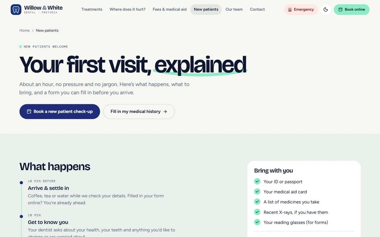 Willow & White Dental website, New patients page