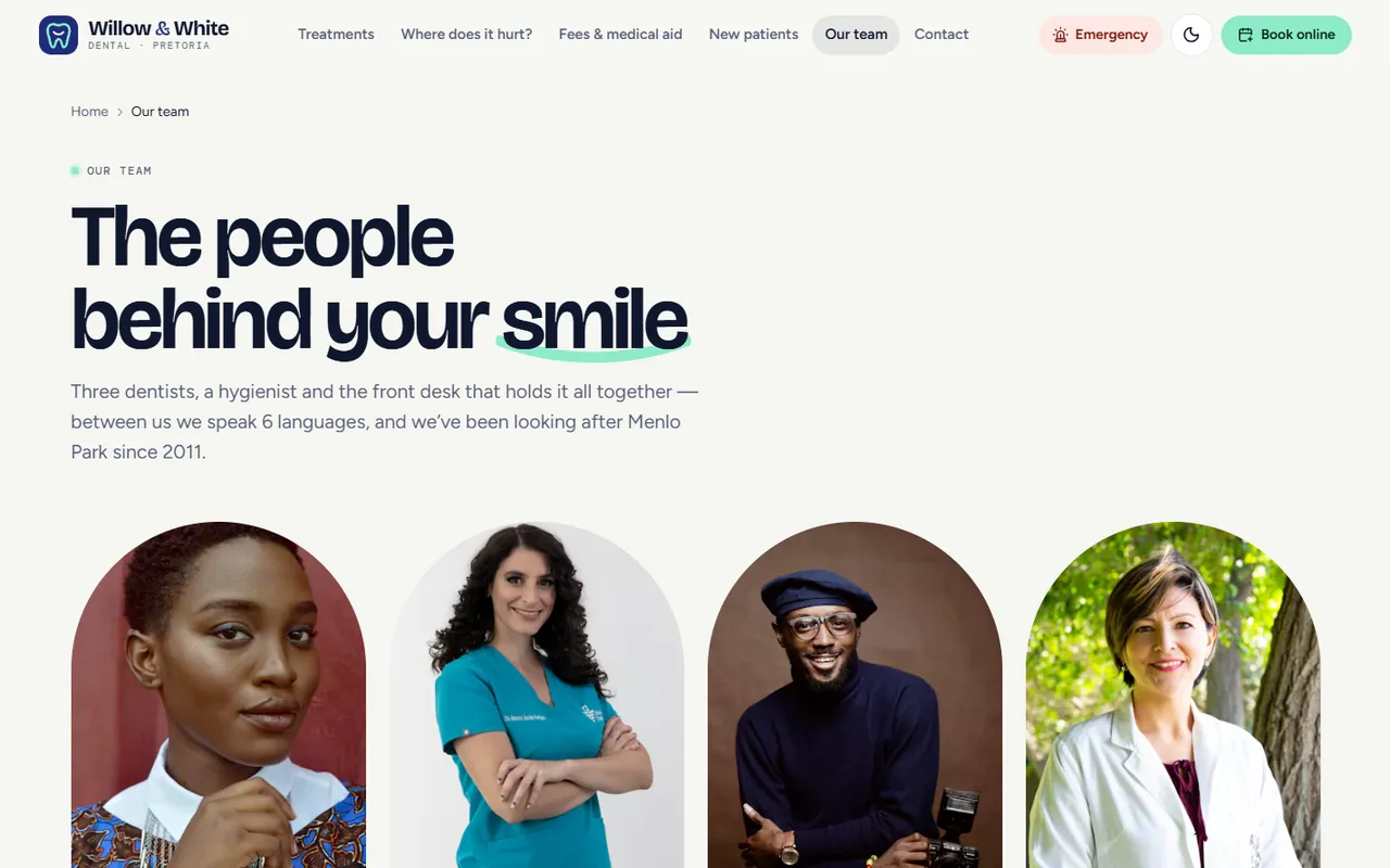 Willow & White Dental website, Team page