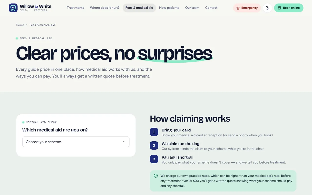 Willow & White Dental website, Fees page